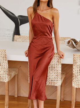 Inclined Collar Long Imitation Acetic Acid Women's Dress