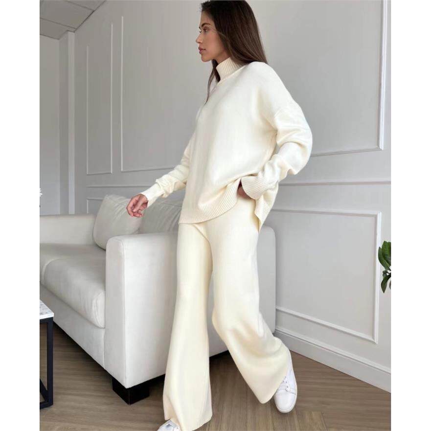 High Neck Sweater Pants Suit 欧美高领开叉长袖阔腿裤毛衣套装