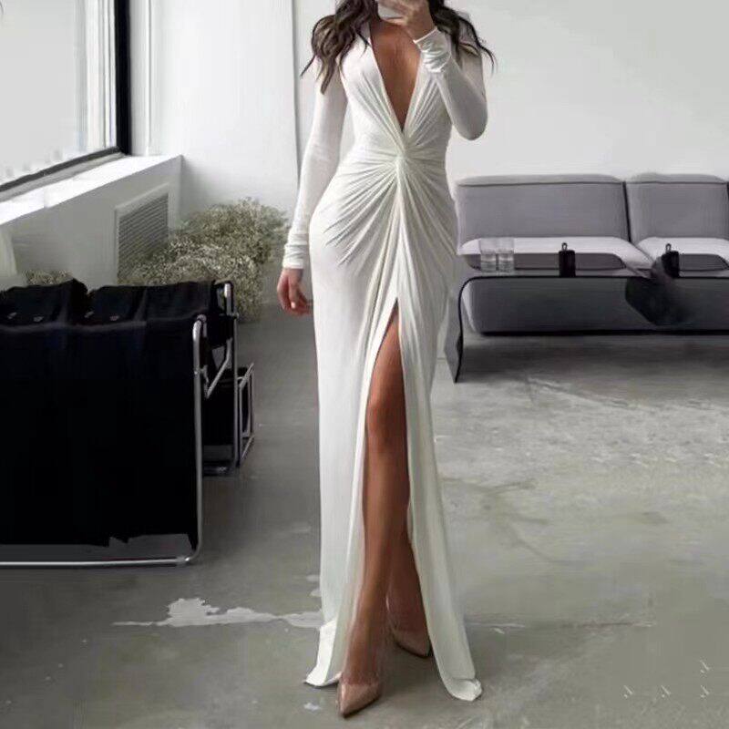Pleated long dress 欧美性感V领长袖扭结开叉褶皱洋装礼服长裙