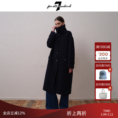 7 For All Mankind25新品女黑色高领羊毛大衣秋冬高级感超显气质