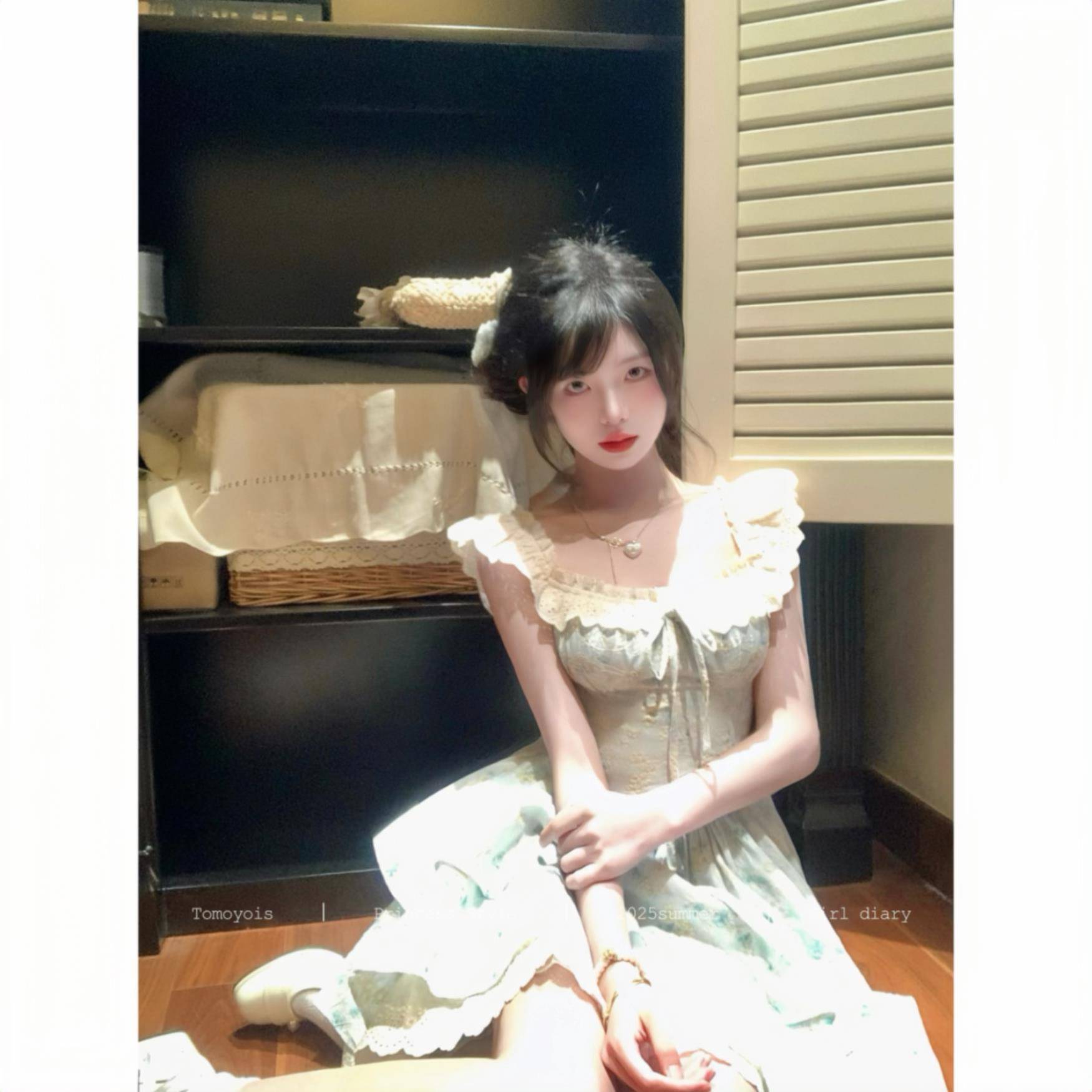 Tomoyos知世 樱织花翎i 精甜美1/4扳吋套APQ筒手袖温柔碎花收腰公