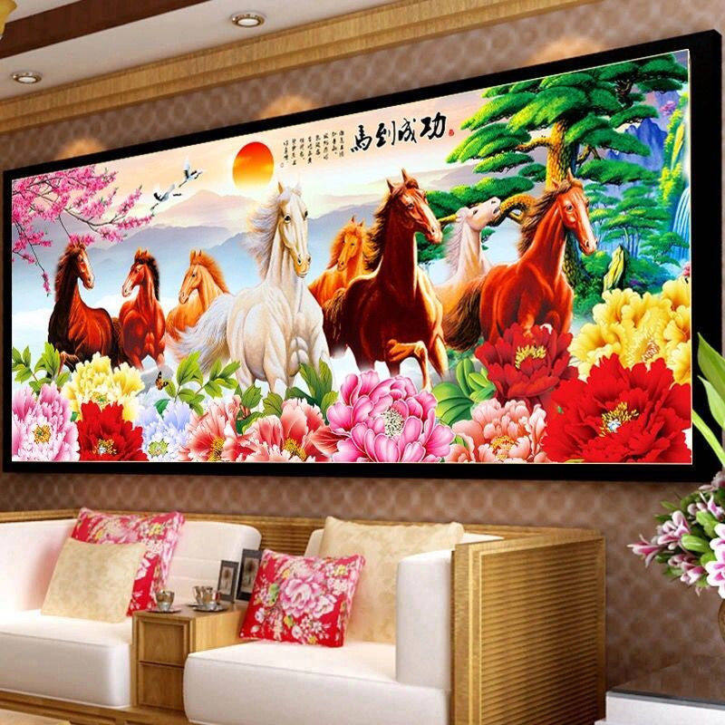 马到成功富贵迎客松十字绣2023新款客厅风景山水手工十字绣八骏图