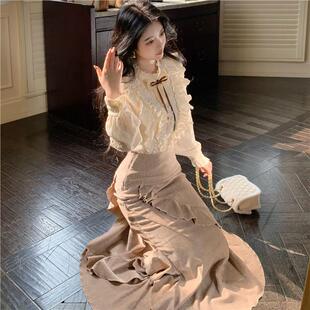 Blovelan旧梦庄园 法式千金加绒款衬衫+不规则鱼尾半身裙清楚系