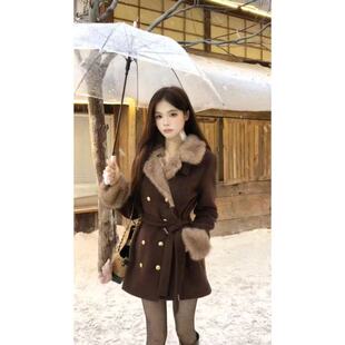 画解WAHJU 古着秀场法式复古皮毛一体系带收腰显瘦呢子大衣外套女