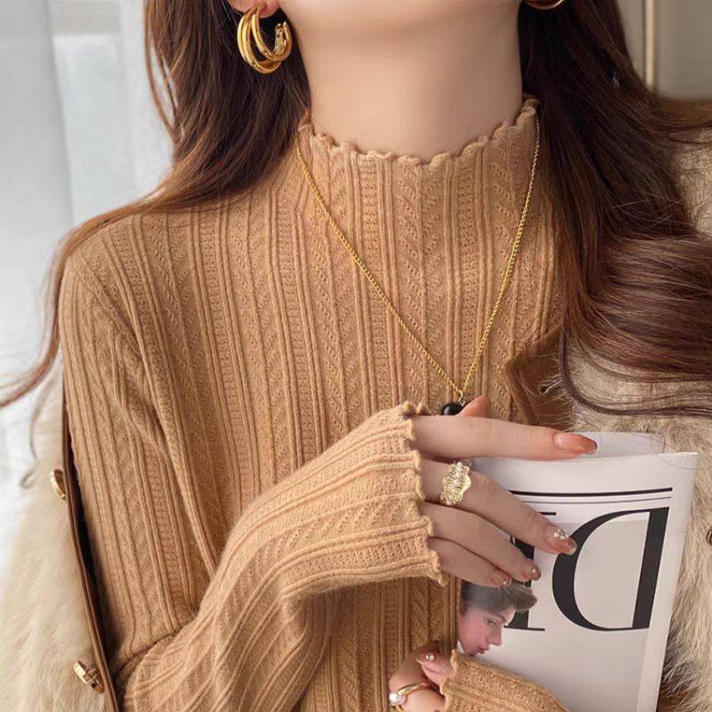 白色打底衫女2025新款秋冬内搭高级感半高领毛衣木耳边针织衫上衣