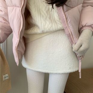 PPHOME自制~羊羔A字裙 白色羊羔毛A字短裙冬季百搭高腰半身短裙