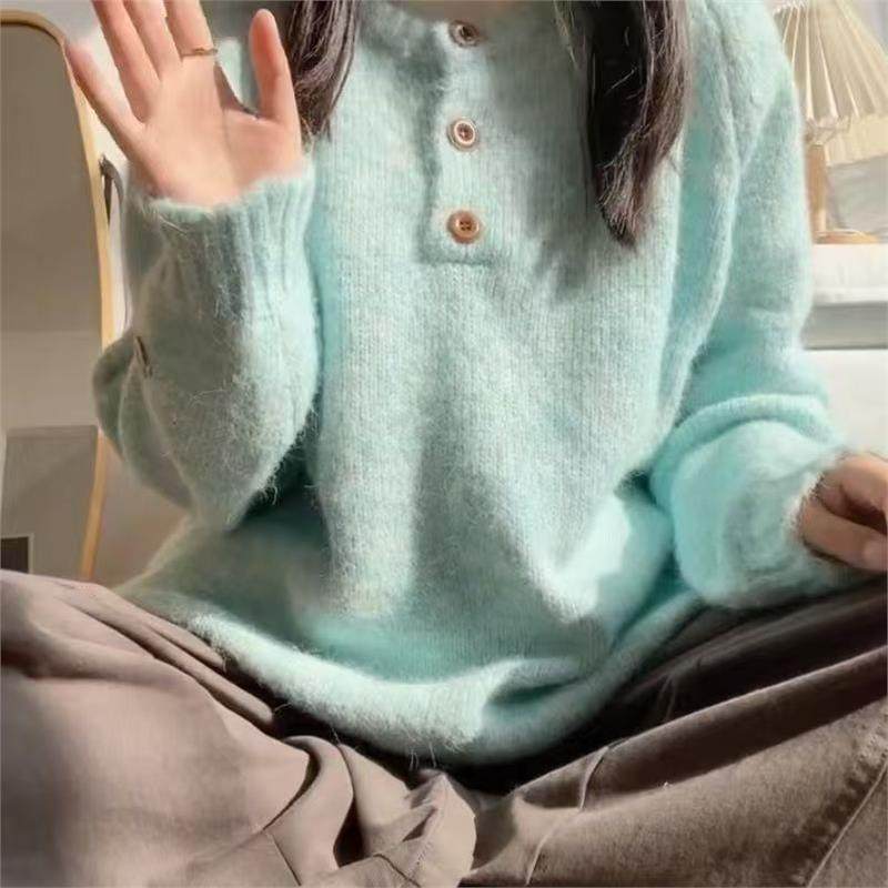 蓝色套头软糯毛衣女2025新款秋冬季加厚保暖宽松慵懒风针织衫上衣