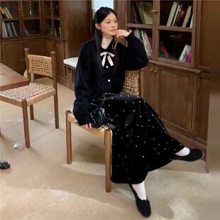 宋正恩黑色圆领麻花针织开衫外套女冬季新款高级感宽松百搭上衣潮