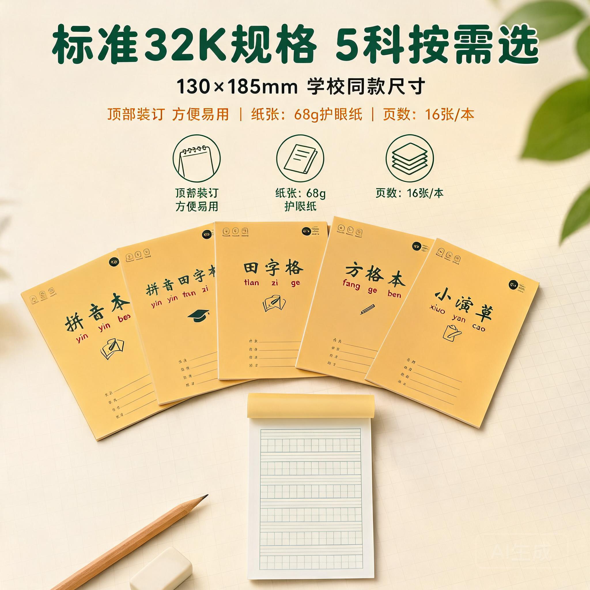 小学生作业本子统一标准32K牛皮加厚拼音田字方格语文数学演草一二三四五年级防近视