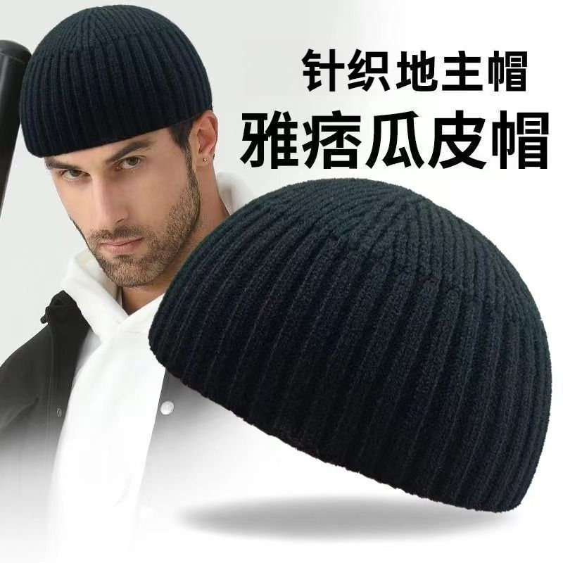 秋冬光板地主帽保暖针织帽瓜皮帽男透气毛线帽雅痞帽子光头帽冷帽
