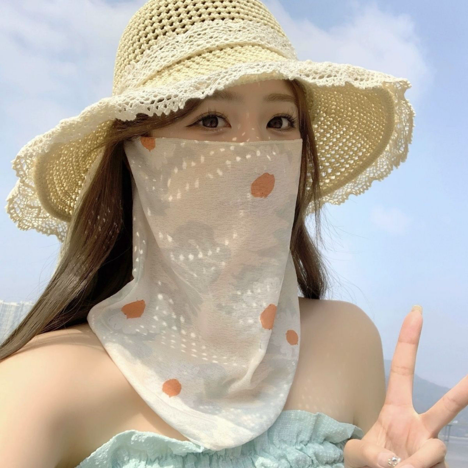 碎花仿竹麻护脖半脸防护防晒口罩脖套户外遮阳女薄款面纱口罩护颈