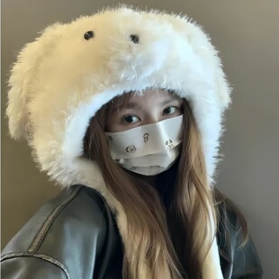 新款加厚毛绒绒帽子可爱会动卡通耳朵显脸小雷锋帽套头帽百搭女生