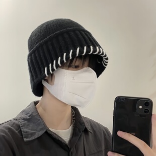 毛线帽男款秋冬季韩版锁边黑色针织渔夫帽显脸小百搭保暖加厚盆帽