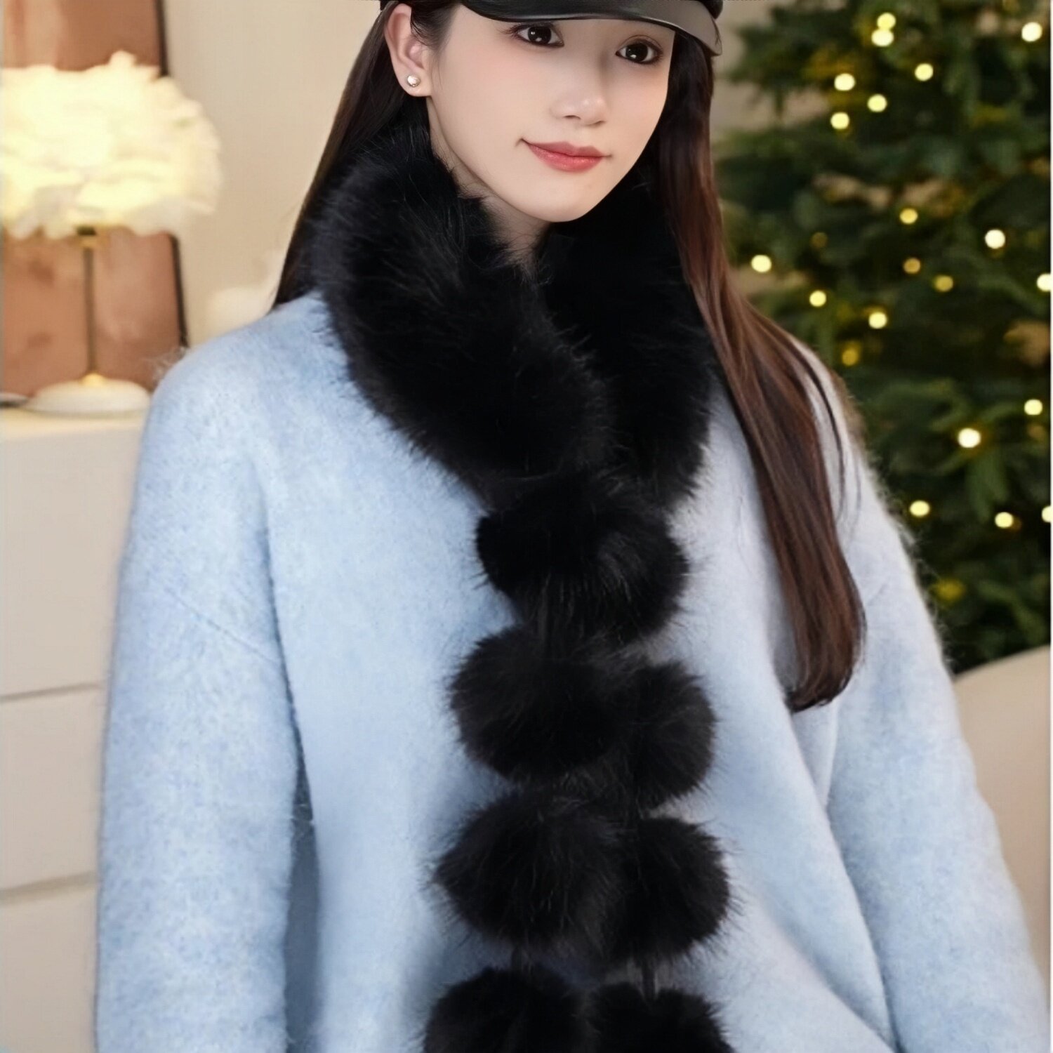 贵气时髦仿狐狸毛毛球流苏围巾女秋冬新款高级感百搭护颈围脖保暖