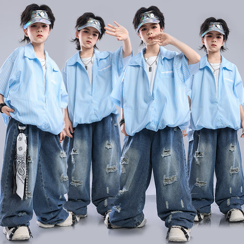 男童街舞演出服hiphop嘻哈潮酷假两件少儿架子鼓表演服装炸街套装