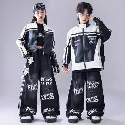 元旦儿童街舞套装少儿美式潮牌皮衣外套走秀男童嘻哈hiphop演出服