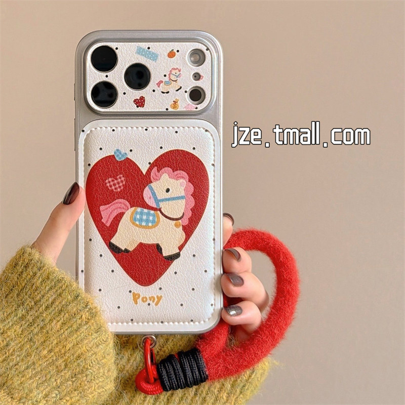 jze新年ins红爱心波点可爱小马适用苹果17ProMax手机壳iphone15新款16pro女款13仿皮15pro带挂绳14防摔保护套