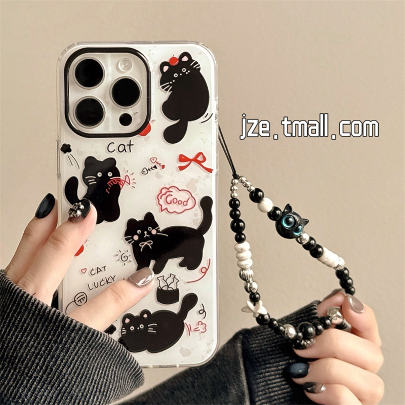 趣味卡通可爱小黑猫带链条适用苹果15手机壳iphone16ProMax新款15promax女款13日韩16pro创意14pro全包保护套
