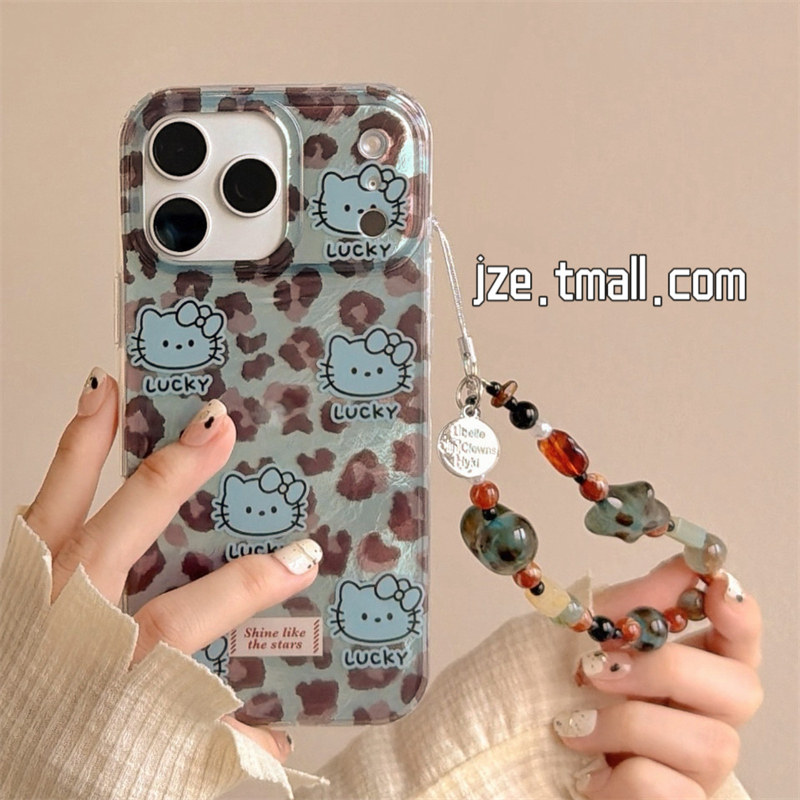 jze 秋冬小众蓝棕豹纹线条KT猫适用苹果17ProMax手机壳iphone15新款16pro女款13带链条15pro双层14防摔保护套