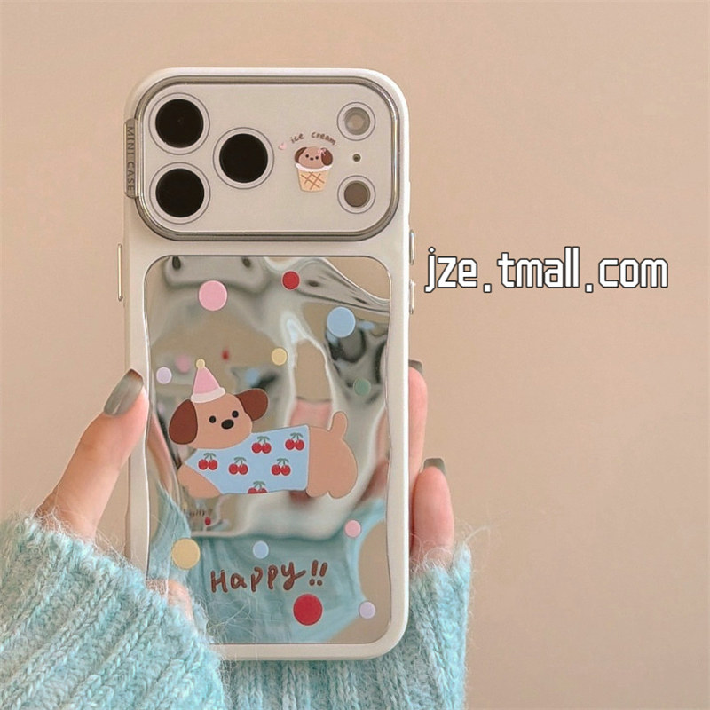 jze 韩风可爱波点樱桃腊肠狗补妆镜适用苹果17ProMax手机壳iphone15新款16pro女13带镜头膜15pro防摔保护套14