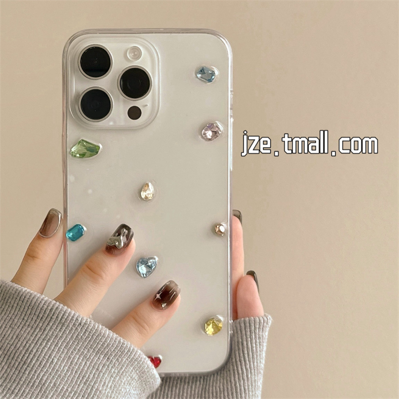 ins风简约立体彩钻宝石适用苹果15手机壳iphone16promax新款15promax防摔女13高级感12滴胶14pro全包透明软壳