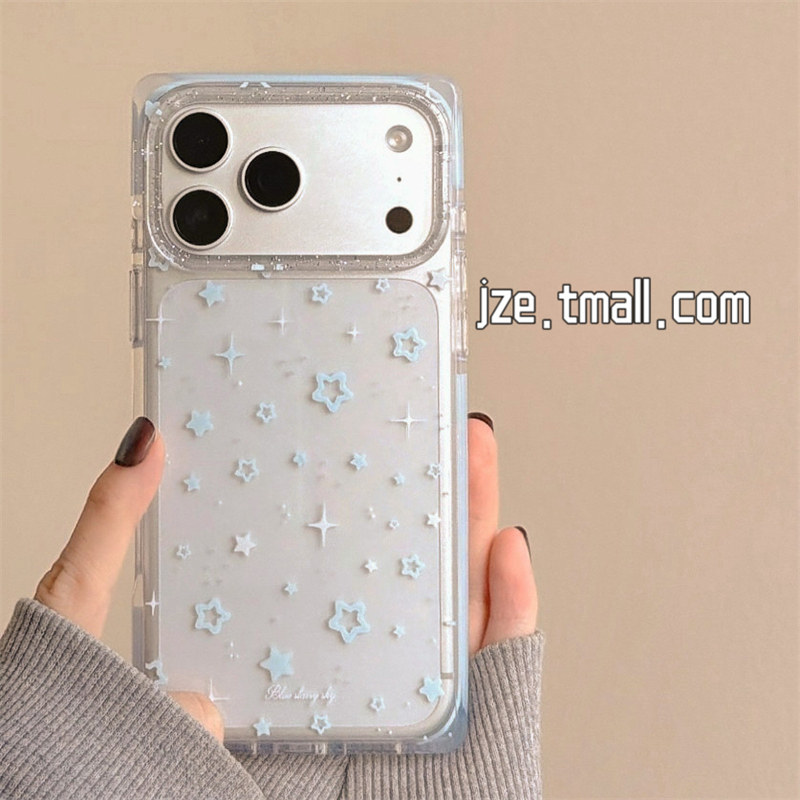 jze简约ins风透明细闪蓝色五角星适用苹果17ProMax手机壳方形iphone15新款16pro女17pro小众高级14防摔手机套