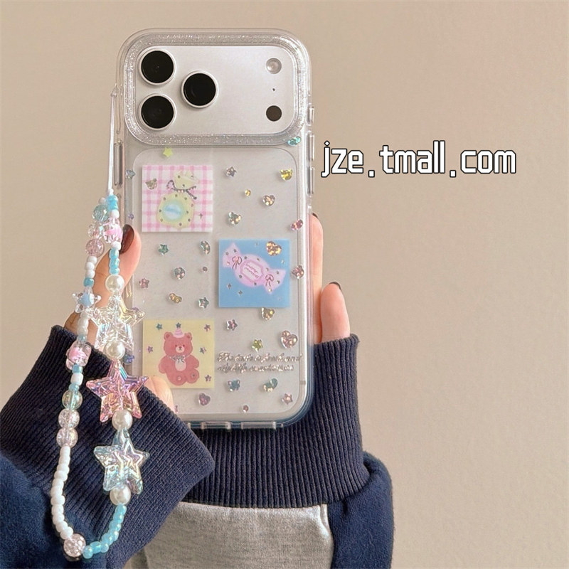 jze ins韩系可爱甜美糖果小熊适用苹果17ProMax手机壳透明细闪iphone15新款16promax女17pro全包14防摔手机套