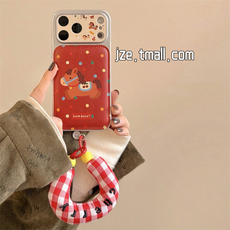 jze 新年可爱红彩色波点小马适用苹果17ProMax手机壳iphone15新款16pro女款13全包15pro手提腕带14防摔手机套