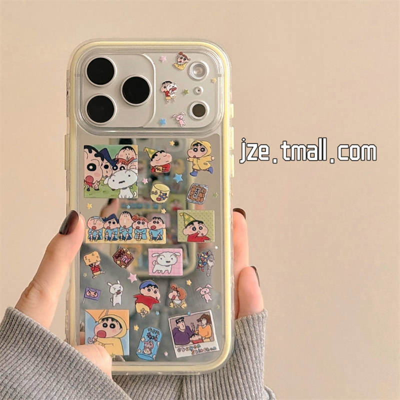 jze 日韩可爱趣味卡通小新镜面适用苹果17ProMax手机壳iphone15新款16pro女超火17pro二合一14全包防摔手机套