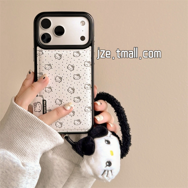 jze 鼓包可爱黑白波点KT猫带挂绳适用苹果17ProMax手机壳iphone15新款16pro女13超好看15pro创意14防摔保护套