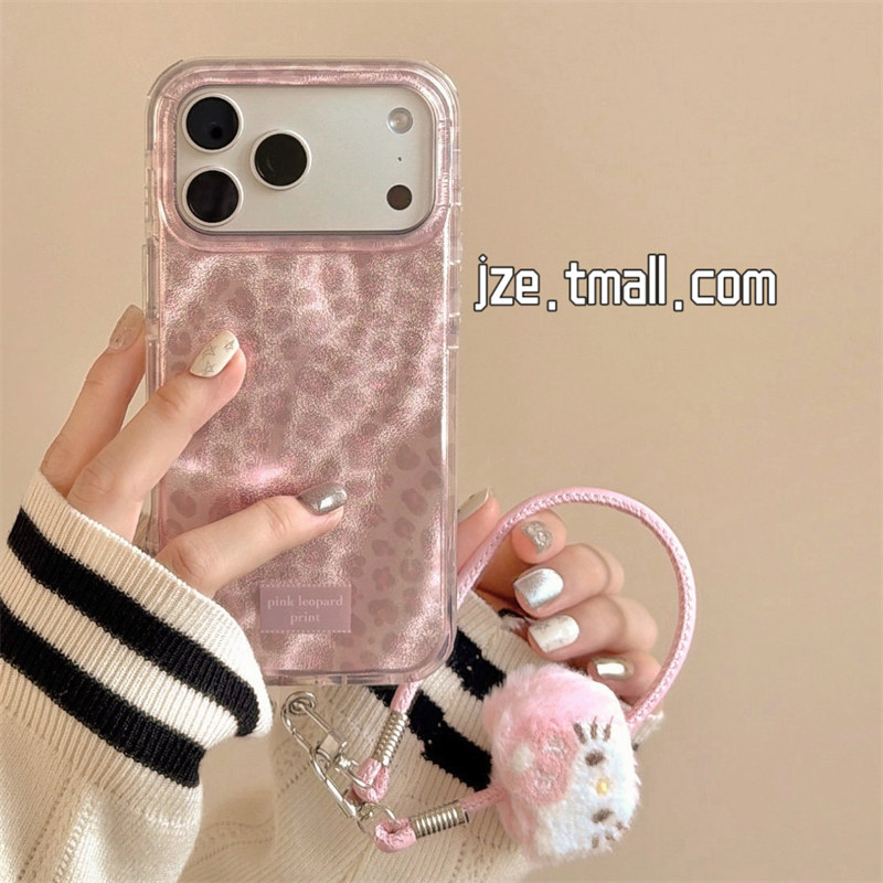 jze韩系ins高级感温柔粉色豹纹适用苹果17ProMax手机壳iphone15新款16pro女款13带挂绳15pro双层14防摔保护套