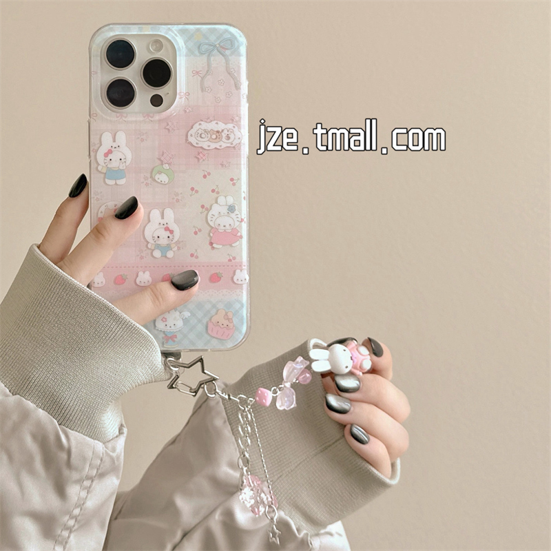 卡通可爱樱桃格纹HelloKitty适用苹果15手机壳iphone16ProMax新款15promax女13米菲兔挂坠16pro全包保护套14
