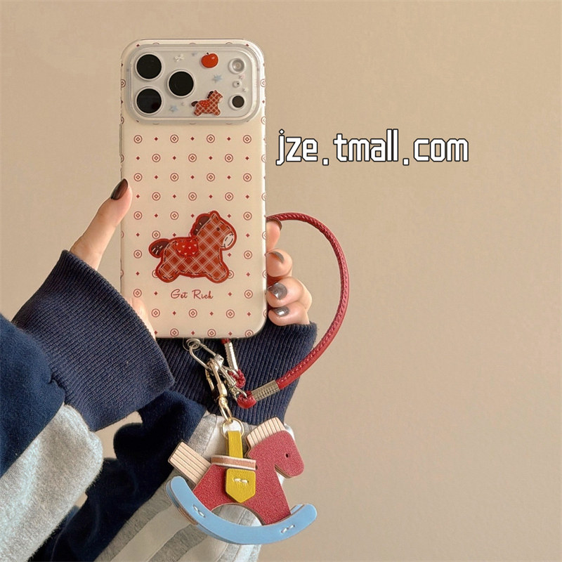 jze 新年可爱卡通铜钱小马带挂绳适用苹果17ProMax手机壳iphone15新款16pro女款13双层15pro创意14防摔手机套