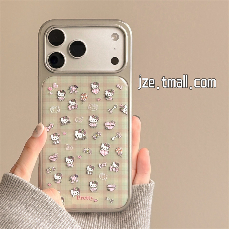 jze韩风简约撞色格纹DIY猫咪贴纸适用苹果17ProMax手机壳iphone15新款16pro女13电镀15pro超好看14防摔保护套
