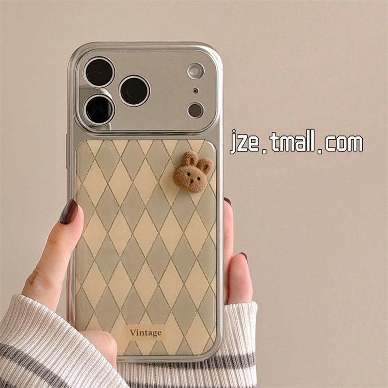jze电镀菱格可爱小兔立体ins韩系适用苹果17ProMax手机壳iphone15新款16pro超好看17pro大视窗14防摔手机套女