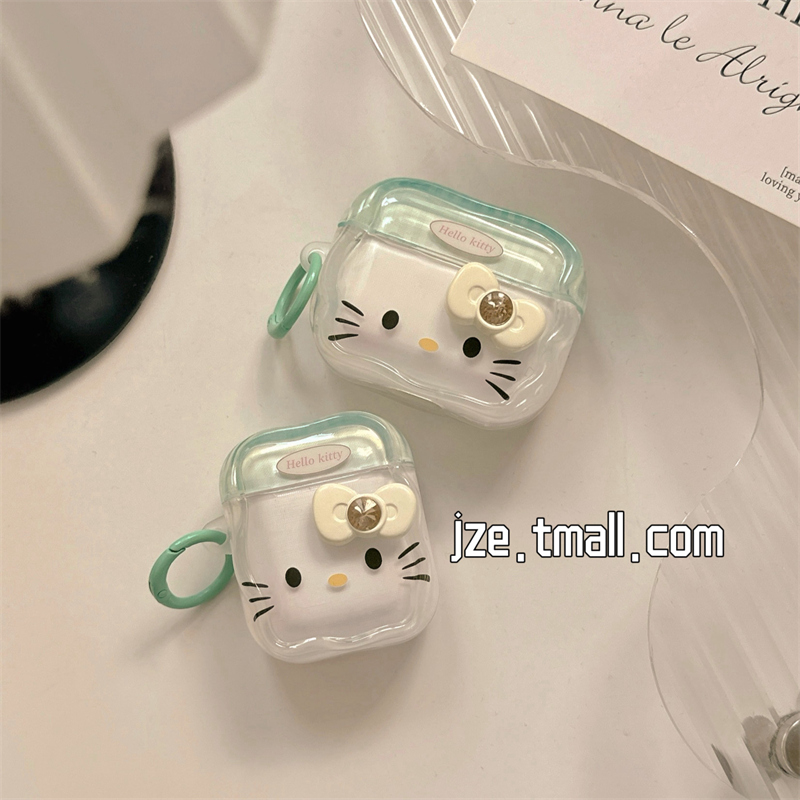 可爱绿格纹哈喽KT猫适用苹果新4代airpods蓝牙无线耳机保护套airpods1/2/3硅胶软壳airpodspro三代女新款网红