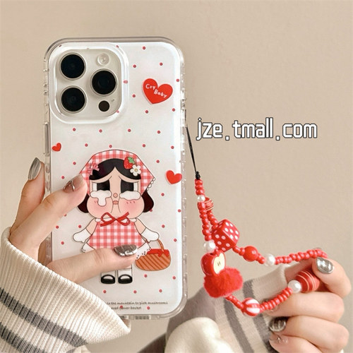 jze 可爱红波点裙子哭娃卡通适用苹果17ProMax手机壳iphone15新款16pro女小众13带链条15pro双层14防摔保护套