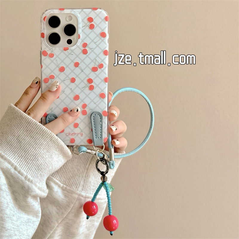 ins风小清新格纹樱桃带挂绳适用苹果15手机壳iphone16ProMax新款15promax女款13双层16pro高级感14全包保护套