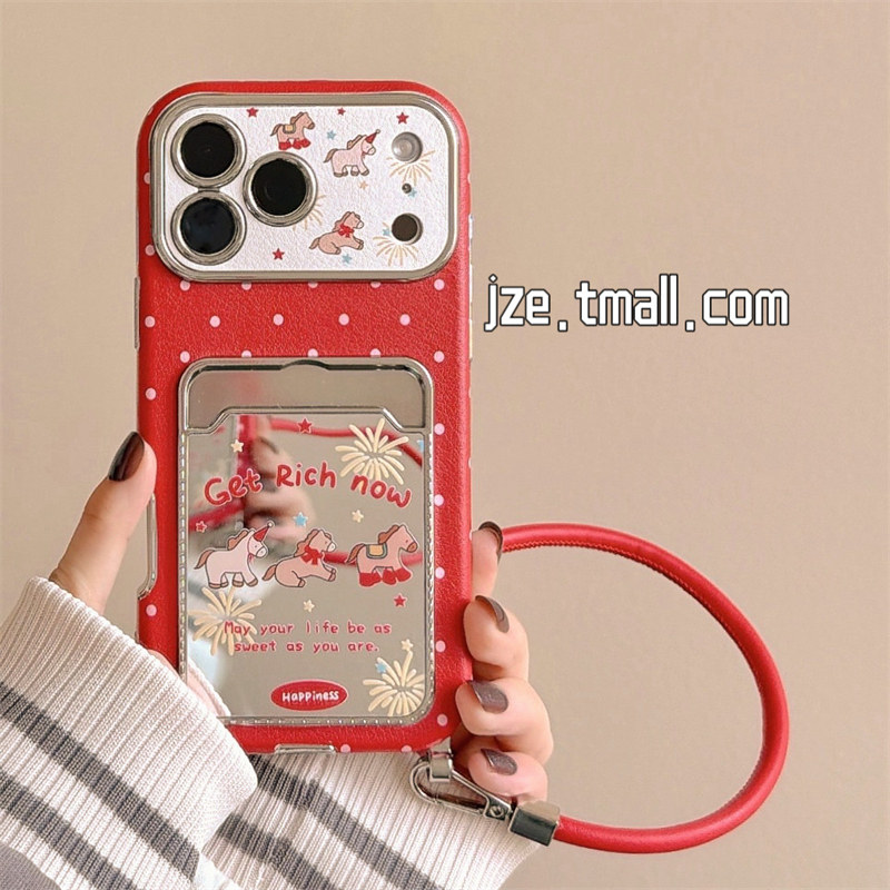 jze 新年喜庆红波点烟花小马镜面卡包适用苹果17ProMax手机壳iphone15新款16pro女款13仿皮15pro防摔保护套14