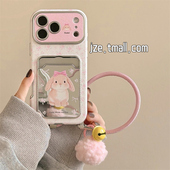 jze 可爱甜美碎花小兔镜子卡包适用苹果17ProMax手机壳iphone15新款 16pro少女13带挂绳15pro仿皮14防摔手机套