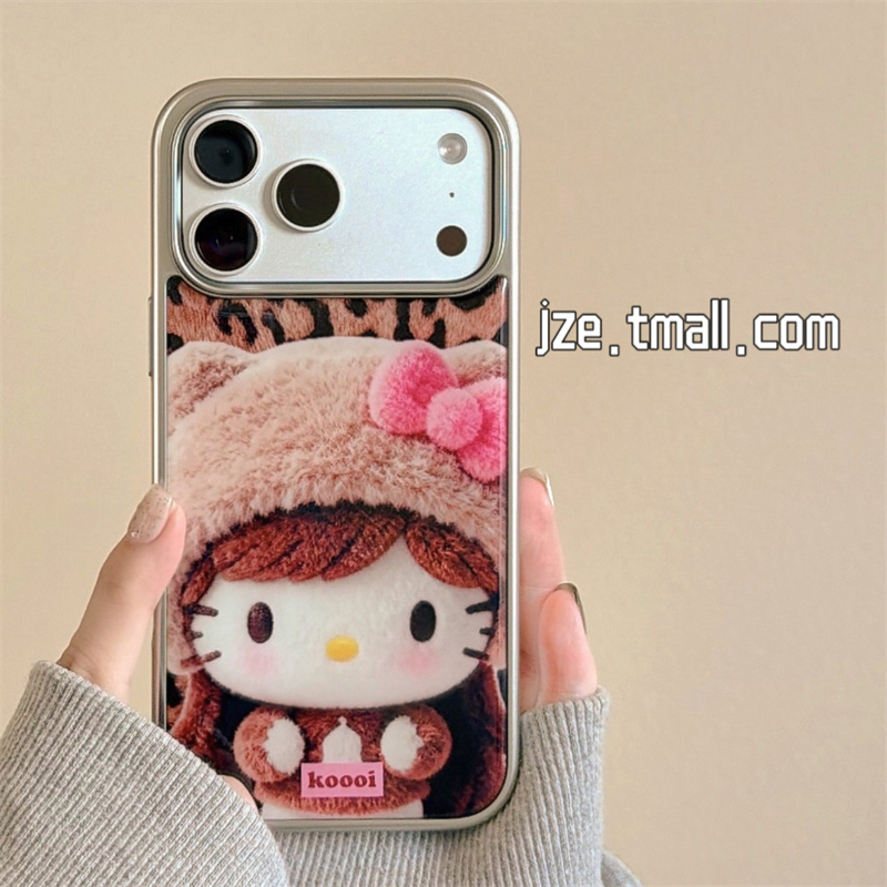 jze 韩风可爱毛绒KT猫公仔插画适用苹果17ProMax手机壳iphone15新款16pro女13滴胶15pro秋冬14全包防摔保护套