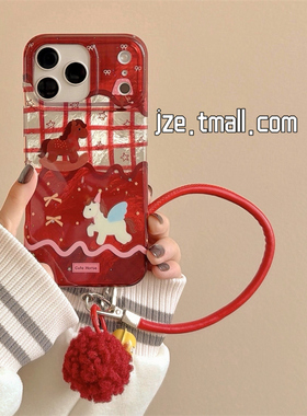 jze 新年可爱卡通小马红格纹拼接适用苹果17ProMax手机壳iphone15新款16pro女13双层15pro手拎绳14防摔保护套