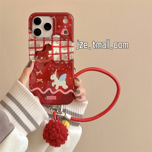 jze 新年可爱卡通小马红格纹拼接适用苹果17ProMax手机壳iphone15新款16pro女13双层15pro手拎绳14防摔保护套
