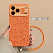 16pro女款 jze 皮纹可爱橙色线条哈喽KT卡通适用苹果17ProMax手机壳iphone15新款 13手拎绳15pro全包防摔保护套