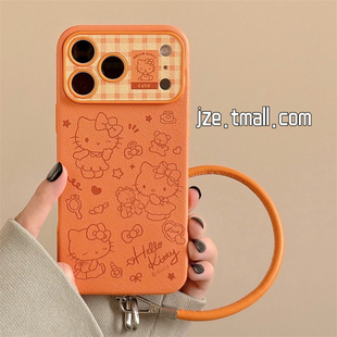 jze 皮纹可爱橙色线条哈喽KT卡通适用苹果17ProMax手机壳iphone15新款16pro女款13手拎绳15pro全包防摔保护套