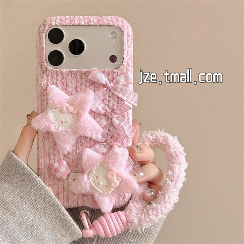 jze秋冬粉色毛绒茸星星哈喽kitty蝴蝶结适用苹果17ProMax手机壳iphone15新款16pro女13可爱15pro防摔保护套14