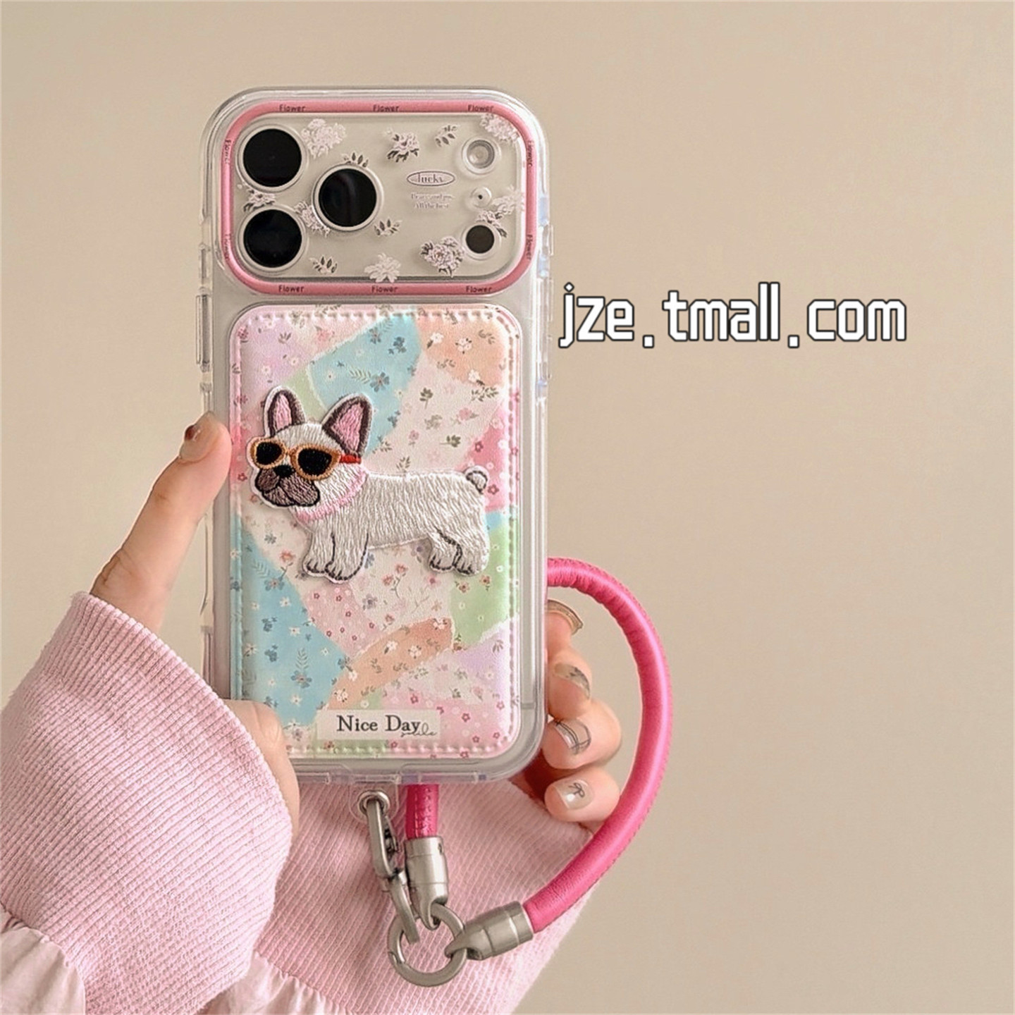 jze 小众彩色拼接刺绣墨镜斗牛犬适用苹果18ProMax手机壳带挂绳iphone17pro新款16创意15pro全包14防摔手机套