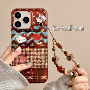 jze ins可爱哈喽kitty猫拼接格纹适用苹果17ProMax手机壳iphone15新款16pro女13带链条15pro双层14防摔保护套
