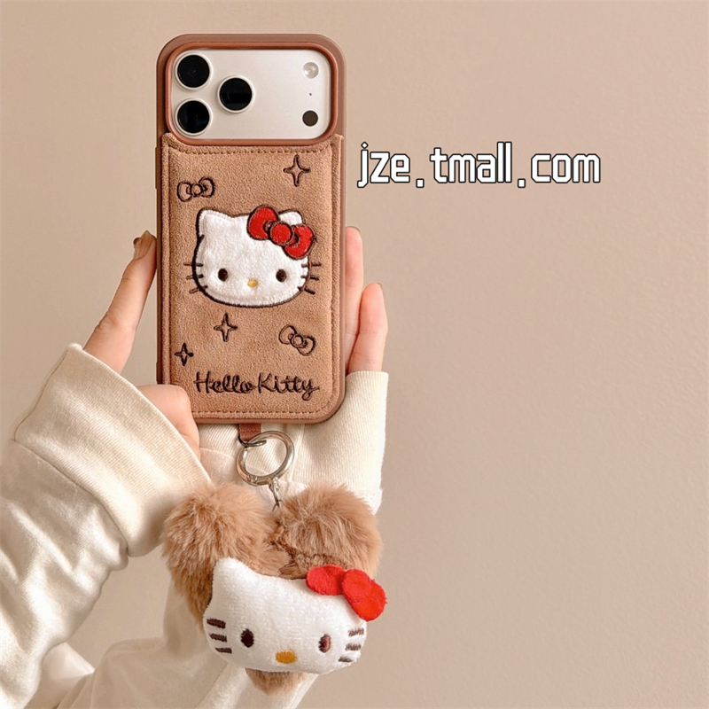 jze 秋冬棕色毛绒感刺绣可爱KT猫适用苹果17ProMax手机壳iphone15新款16pro女13超好看15pro日韩14防摔保护套