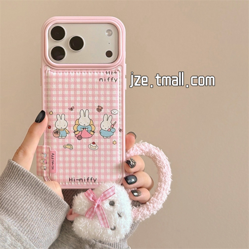 jze 日韩可爱粉色少女米菲兔格纹适用苹果17ProMax手机壳iphone15新款16pro女13带挂绳15pro鼓包14防摔保护套